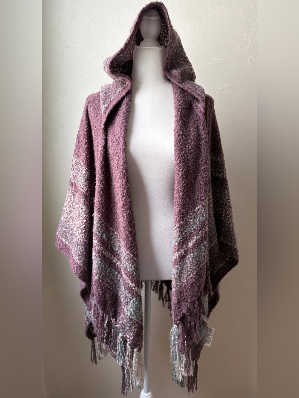 Simply Noelle Purple Hooded Fringe Sweater Wrap One Size